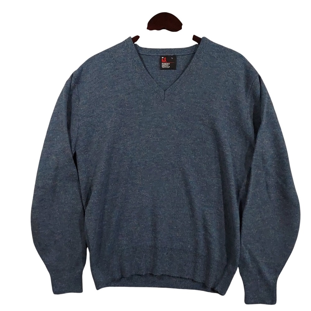 Robert Bruce V-Neck Sweater Mens Large Blue Marled Knit Made In USA 11991